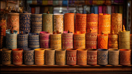 A vibrant display of handcrafted containers features intricate patterns and diverse colors, showcasing traditional craftsmanship and cultural beauty in a market setting.の素材