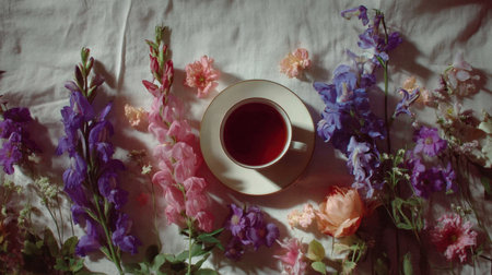 A charming arrangement featuring a tea cup surrounded by vibrant flowers on a soft fabric backdrop, creating a serene and inviting atmosphere perfect for relaxation.の素材
