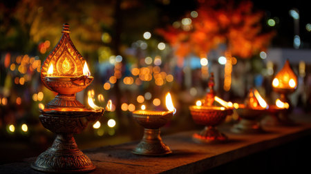 Stunning exhibition of traditional diyas glowing brightly during festive nights. Captures the essence of celebration, warmth, and cultural rituals.の素材