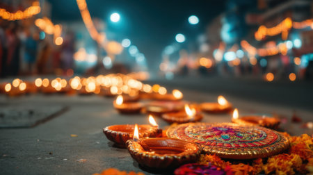 A vibrant view of Diwali festival lights, displaying glowing diyas on the street, showcasing tradition, joy, and colorful decorations in a lively atmosphere.の素材