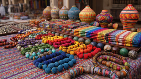 Explore a vibrant market stall filled with handcrafted textiles and colorful beads. This rich display showcases traditional craftsmanship and cultural heritage. Perfect for art lovers and travelers.の素材