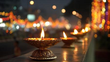 A row of beautifully crafted diyas casts a warm glow amidst a bustling night market, celebrating the joy and spirit of festival traditions, capturing the essence of cultural festivities.の素材