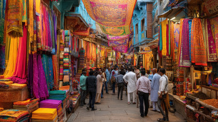 Explore a lively street market in Rajasthan, India, filled with vibrant fabrics and rich colors. Experience the bustling atmosphere and unique culture.の素材