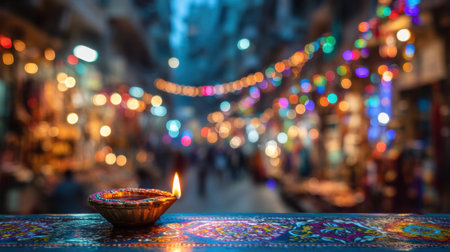A serene illuminated diya rests on a colorful surface, capturing the essence of a vibrant market street during a festival night, inviting warmth and joy.の素材