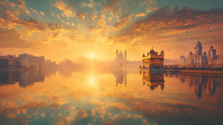 A breathtaking sunset casts a golden hue over the tranquil waters of a historic temple, beautifully mirroring its architecture amidst a colorful sky.の素材