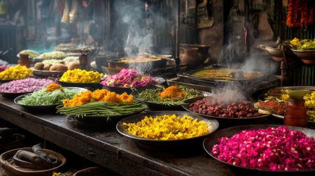 A bustling flower market filled with colorful petals and fragrant spices. The vibrant display showcases the beauty of nature and local traditions.の素材