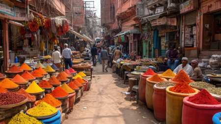 Explore a lively market in India filled with colorful spices and local vendors. The vibrant scene captures the essence of culture, trade, and community.の素材