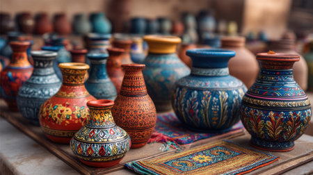 Discover a captivating assortment of colorful handcrafted pottery artfully displayed at a vibrant market. Each piece showcases unique designs and vivid colors.の素材