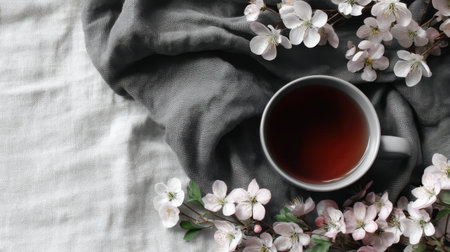 A serene still life featuring a steaming cup of tea surrounded by delicate cherry blossoms on a soft linen fabric, evoking tranquility and comfort.の素材