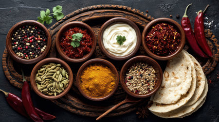 Discover a vibrant collection of spices and herbs displayed on a rustic wooden platter, perfect for culinary enthusiasts and gourmet cooking inspirations.の素材