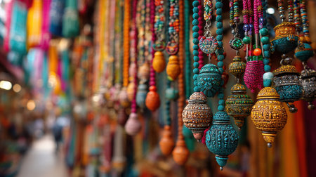 Explore a vibrant display of handcrafted jewelry and ornaments in a bustling market. Bright colors and intricate designs create a festive atmosphere filled with cultural richness.の素材