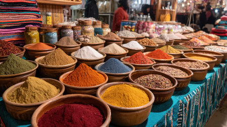 A stunning array of vibrant spices displayed in bowls at a market stall. The colorful selection invites exploration, enhancing culinary experiences.の素材