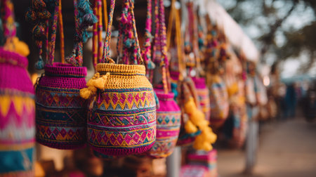 Explore a vibrant display of handcrafted bags meticulously arranged at a market stall. Bright colors and intricate patterns celebrate local craftsmanship and culture.の素材