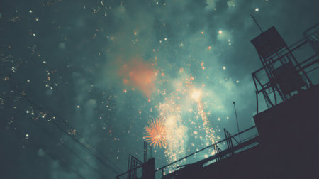 A stunning display of colorful fireworks illuminates the night sky over a cityscape, creating a vibrant and festive atmosphere perfect for celebrations.の素材