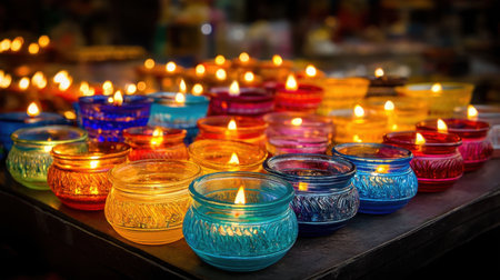 A stunning collection of colorful glass candle holders with flickering flames, creating a warm and inviting atmosphere perfect for markets or celebrations.の素材