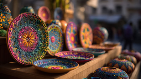 Explore vibrant handcrafted ceramic plates showcasing intricate designs and colors in an outdoor market. Perfect for art lovers and decor enthusiasts.の素材