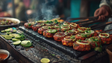 A vibrant display of grilled spicy patties garnished with fresh herbs and citrus slices, capturing the essence of outdoor street food and culinary delight.の素材