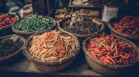 Colorful and vibrant assortment of fresh vegetables and spices showcased in woven baskets at a bustling local market, inviting culinary creativity.の素材