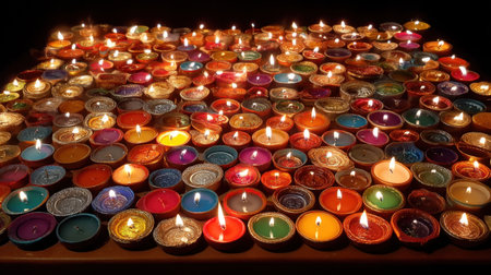 A stunning arrangement of colorful diyas with flickering flames creates a warm and inviting atmosphere, perfect for festive celebrations and cultural events.の素材