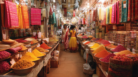 Explore a lively market filled with vibrant spices, colorful textiles, and the essence of local culture, showcasing the beauty of shopping in India.の素材