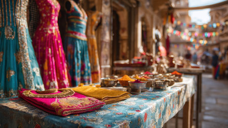 Explore a vibrant market stall showcasing colorful traditional clothing and accessories. The lively atmosphere captures the essence of cultural craftsmanship and creativity.の素材