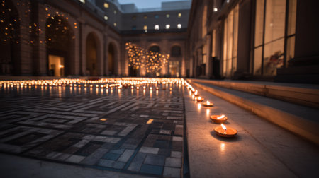A serene courtyard scene featuring lit candles that create a warm ambiance in an urban setting. The elegant architecture enhances the tranquil atmosphere.の素材