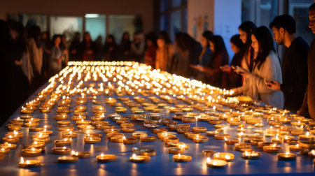 A serene gathering of individuals around a long table filled with lit candles, creating a warm and inviting atmosphere, perfect for celebration and reflection.の素材
