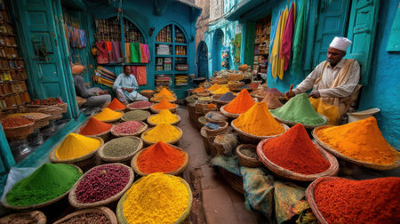 Explore a vibrant spices market filled with colorful displays of aromatic ingredients. Local vendors create a lively scene, showcasing traditional craftsmanship and cultural richness.の素材