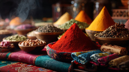 A vibrant display of colorful spices and herbs in bowls, showcasing a variety of textures and aromas, perfect for culinary enthusiasts and food lovers.の素材