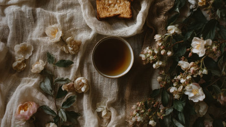 Enjoy a serene tea moment with a cup of herbal tea and a slice of cake, beautifully surrounded by delicate flowers on a soft fabric. Perfect for relaxation.の素材