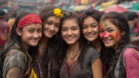 A group of five joyful young women celebrate a vibrant festival, adorned with colorful powders and bright smiles. Their happiness reflects the spirit of togetherness and joy.の素材