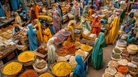 A bustling spice market in India features vivid colors and diverse people, showcasing local traditions and culinary ingredients in an engaging atmosphere.の素材