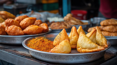 A vibrant platter of delicious Indian snacks featuring crispy samosas, golden fried treats, and an array of aromatic spices, perfect for any food lover's delight.の素材