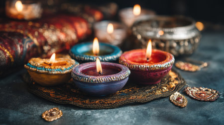 Colorful oil lamps glowing brightly on a decorative tray create a warm ambiance. Perfect for depicting festive celebrations and cultural traditions.の素材