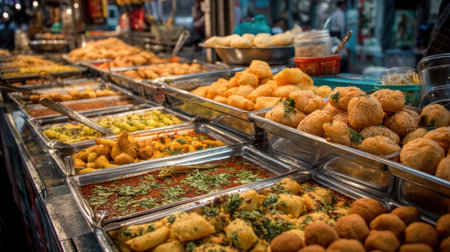 Discover a vibrant display of assorted street food, showcasing an array of savory snacks and sweets. This captivating scene highlights culinary culture and local flavors.の素材
