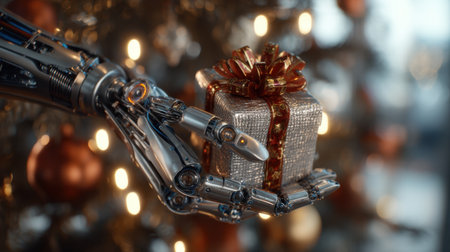 A close-up of a robotic hand gracefully presenting a beautifully wrapped gift box, surrounded by twinkling Christmas decorations, embodying holiday spirit and technological wonder.の素材