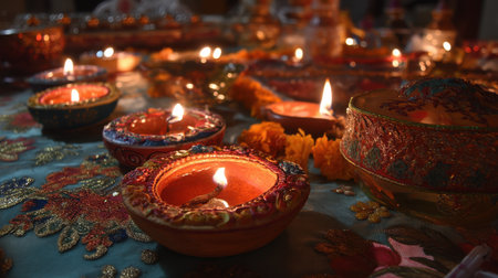 Beautifully arranged diyas with flickering flames shine on a decorated table, embodying the spirit of celebration and joy during a cultural festival.の素材