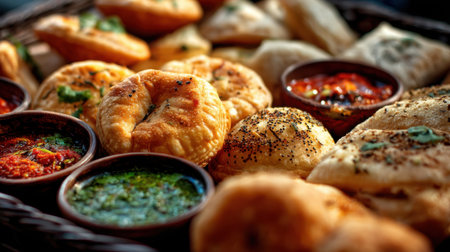 A beautiful assortment of Indian snacks served on a wooden tray, featuring various flavorful dips, vibrant colors, and crispy textures, ideal for gatherings.の素材