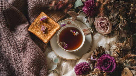 A serene arrangement featuring a cup of tea, a sweet cookie, and floral elements surrounded by soft textiles. Perfect for conveying coziness and relaxation.の素材