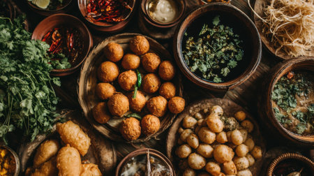 A captivating overhead view of assorted traditional dishes filled with vibrant ingredients on a rustic wooden table, showcasing a rich culinary culture and indulgent flavors.の素材