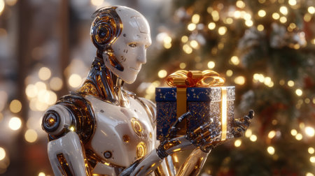 A futuristic robot elegantly holds a beautifully wrapped gift box amidst a festive holiday backdrop, showcasing advanced technology and a sense of wonder.の素材