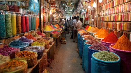 Explore a vibrant marketplace filled with colorful spices and herbs in jars and bins, showcasing a rich cultural tradition and lively ambiance, inviting food enthusiasts.の素材