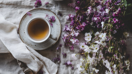 A serene tea setting featuring a cup of tea surrounded by delicate flowers. This image captures a moment of tranquility and beauty, perfect for relaxation.の素材