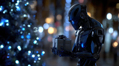 A sleek, futuristic robot stands by a beautifully decorated Christmas tree, holding a gift. The scene is illuminated with soft bokeh lights, creating a magical holiday atmosphere.の素材