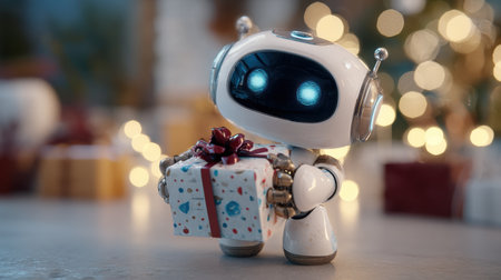 A cheerful robot holds a beautifully wrapped gift box, surrounded by warm holiday lights. This festive scene captures the joy and magic of the holiday season.の素材