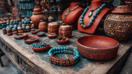 A captivating display of colorful handmade jewelry and artisanal decor with turquoise beads and intricate pottery, showcasing vibrant cultural craftsmanship.の素材