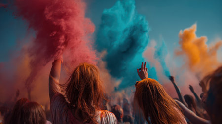 A vibrant outdoor festival scene captures a crowd joyously celebrating with colorful powder explosions, creating an energetic and lively atmosphere filled with happiness.の素材