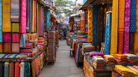 Explore a vibrant market filled with colorful fabrics and textiles. Immerse yourself in the lively atmosphere, where artisans showcase unique handmade goods and designs.の素材