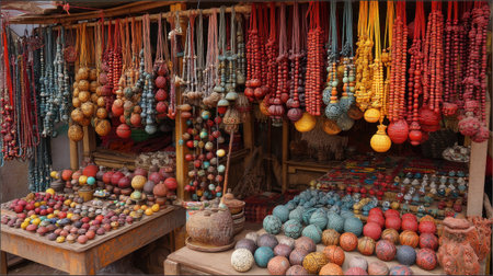 Discover a vibrant display of handcrafted jewelry and ornaments in an artisan market. Colorful beads and unique designs offer a glimpse into local craftsmanship and traditional art.の素材