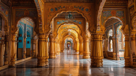Capture the beauty of an opulent Indian palace interior showcasing intricate arches and columns, vibrant colors, and elegant marble flooring, evoking a sense of history and culture.の素材